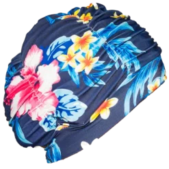 Turbanbadehette med gule blomster på marineblå bunn