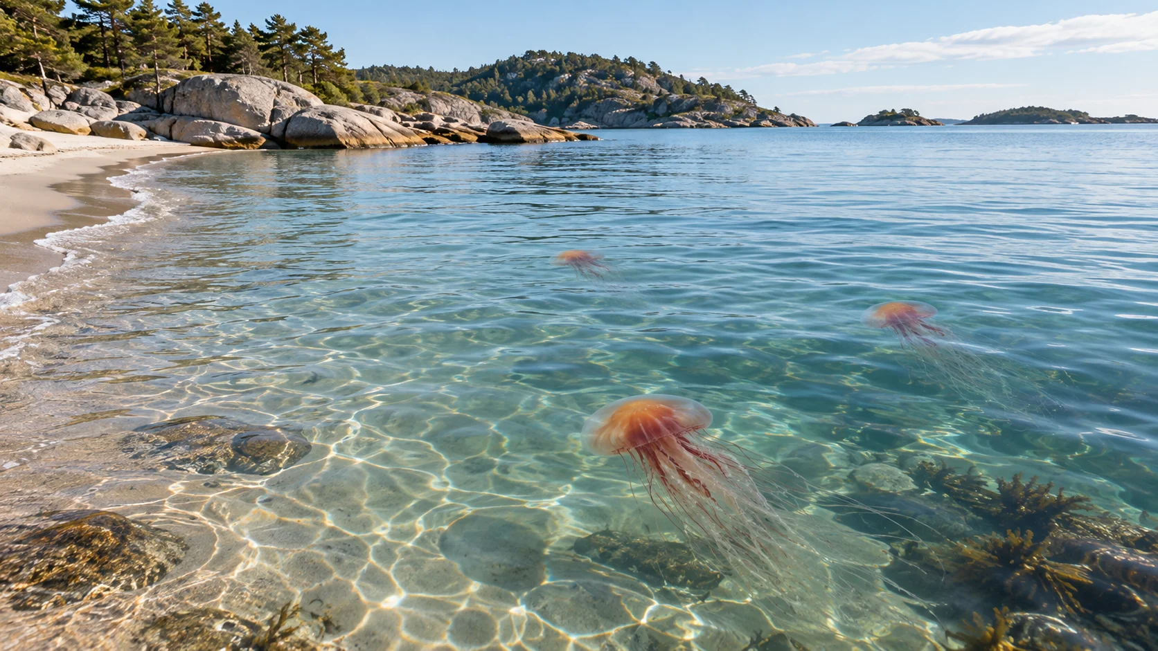 Sandstrand med svaberg og tre brennmaneter like under havoverflaten.