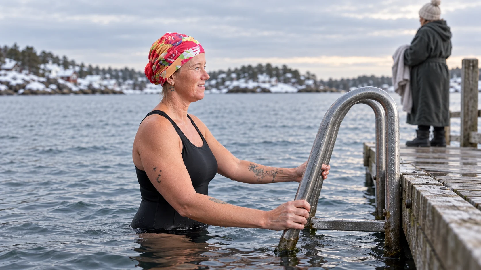 Silje i fargerik badehette holder i badestigen, mens en badevenn med håndkle står på bryggen i bakgrunnen.