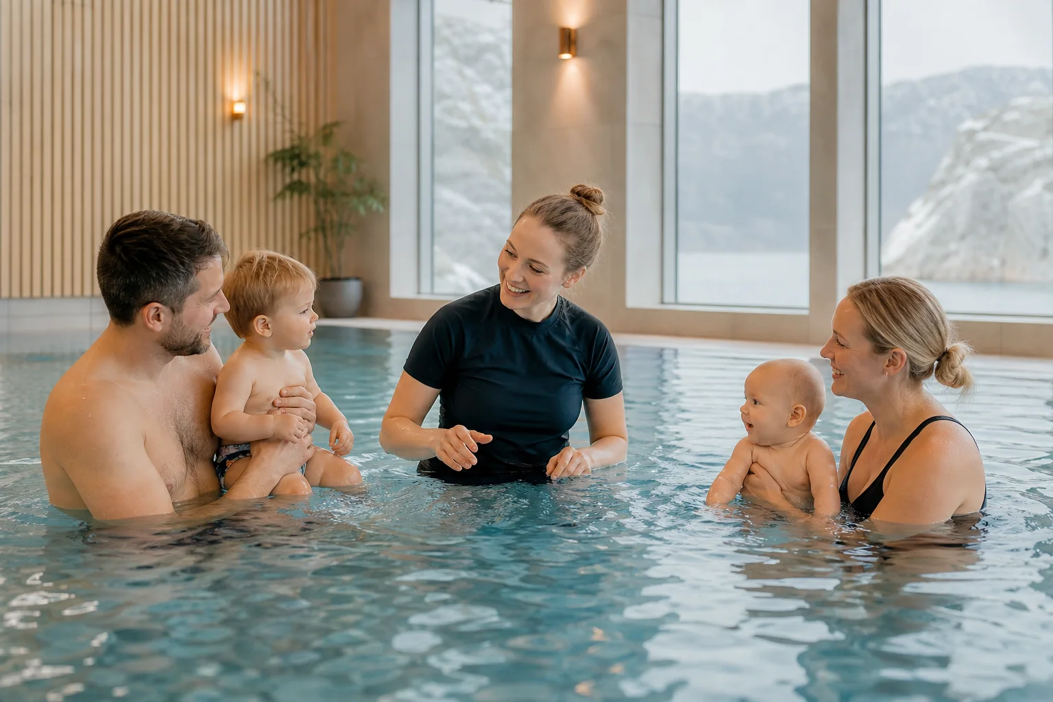Instruktør med foreldre og barn på babysvømming i basseng