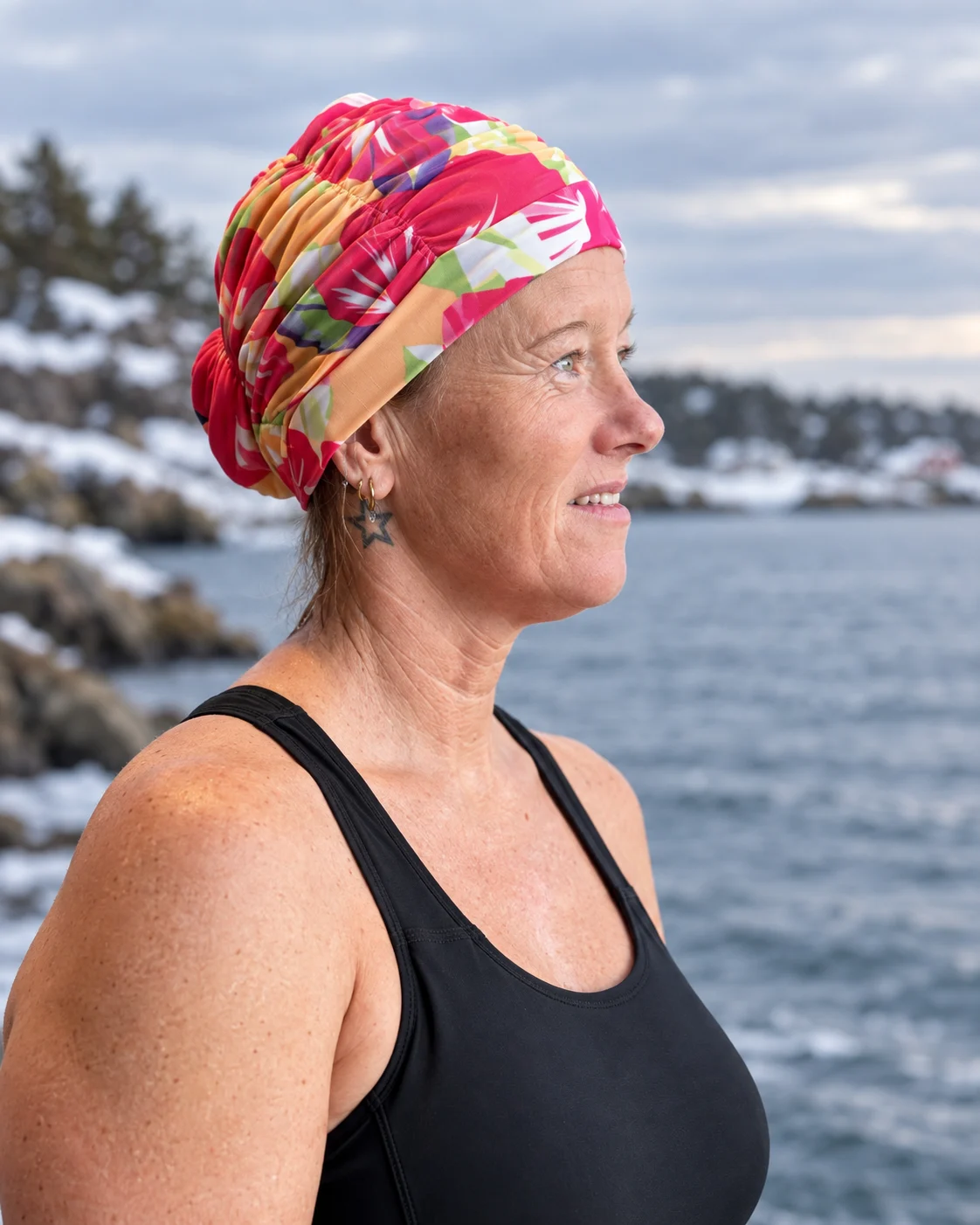 Silje i profil med en fargerik, rynket badehette, med vann og snødekt landskap i bakgrunnen.