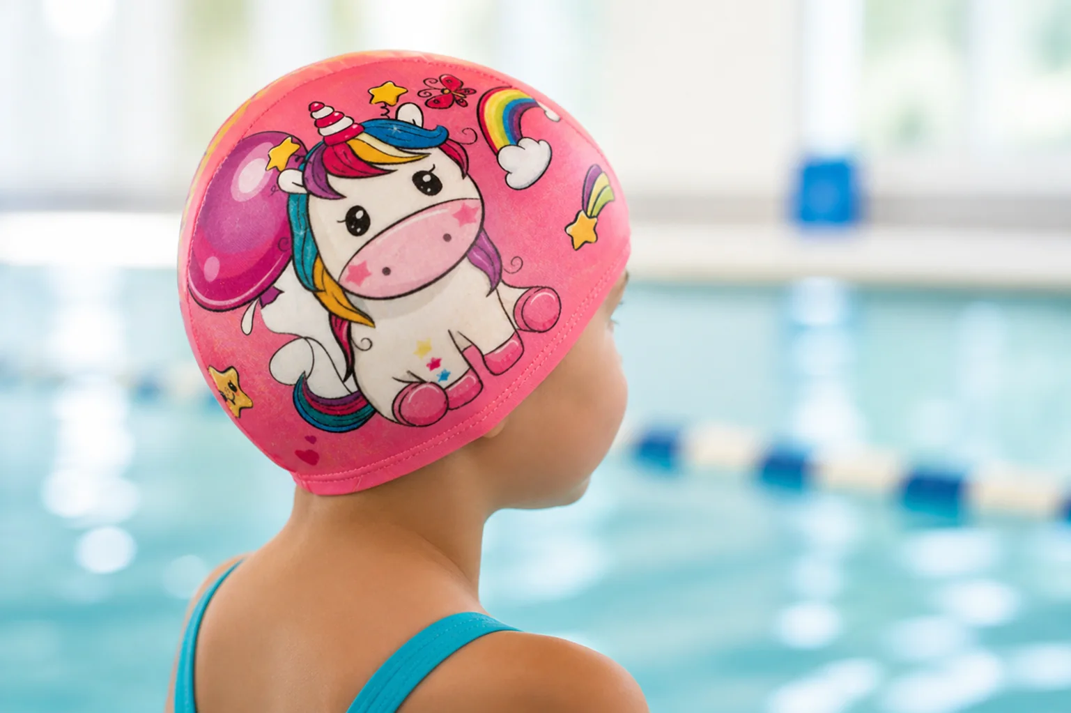 Barn med Badehette Rainbow Unicorn ved et svømmebasseng