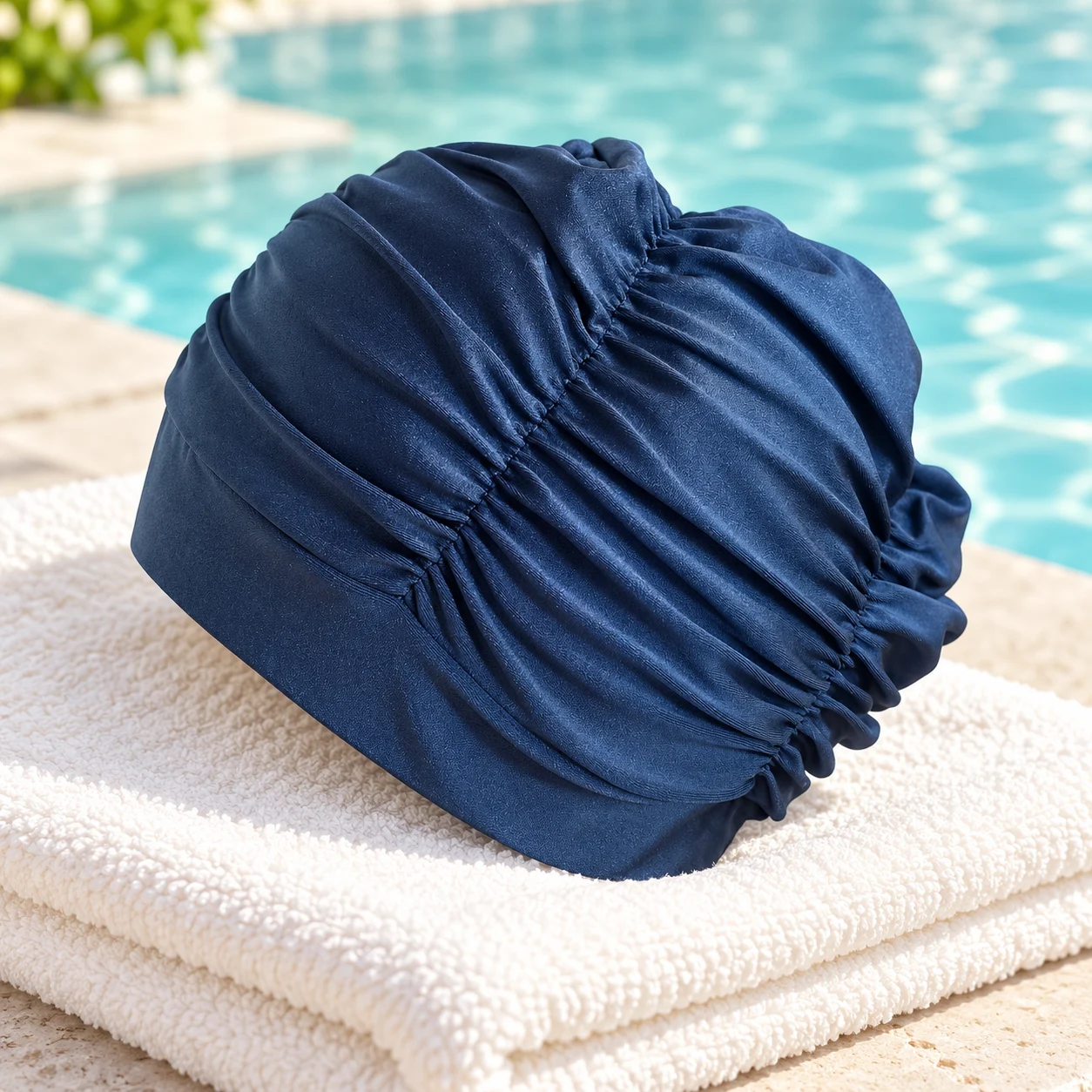 Badehette Turban Blå Glans ved bassengkanten