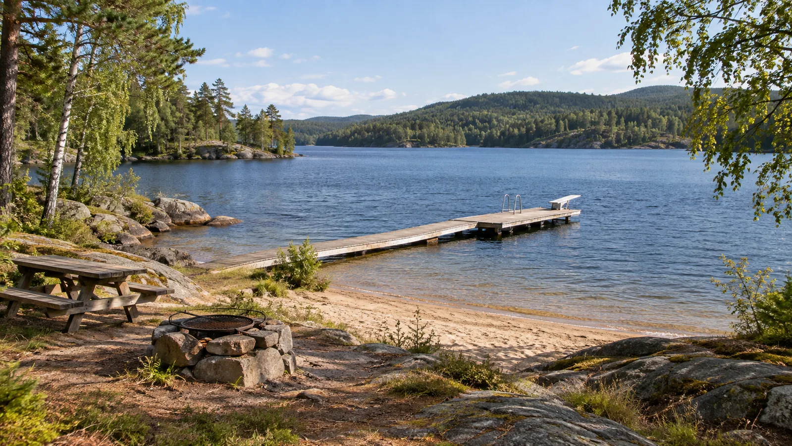 Innsjø med sandstrand, badebrygge med stupebrett og grillplass ved stranden.