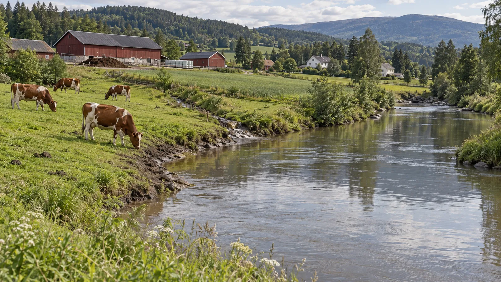 Rolig elv med beitende kyr, gjødsel på land, en grøft og gårdsbebyggelse i bakgrunnen.