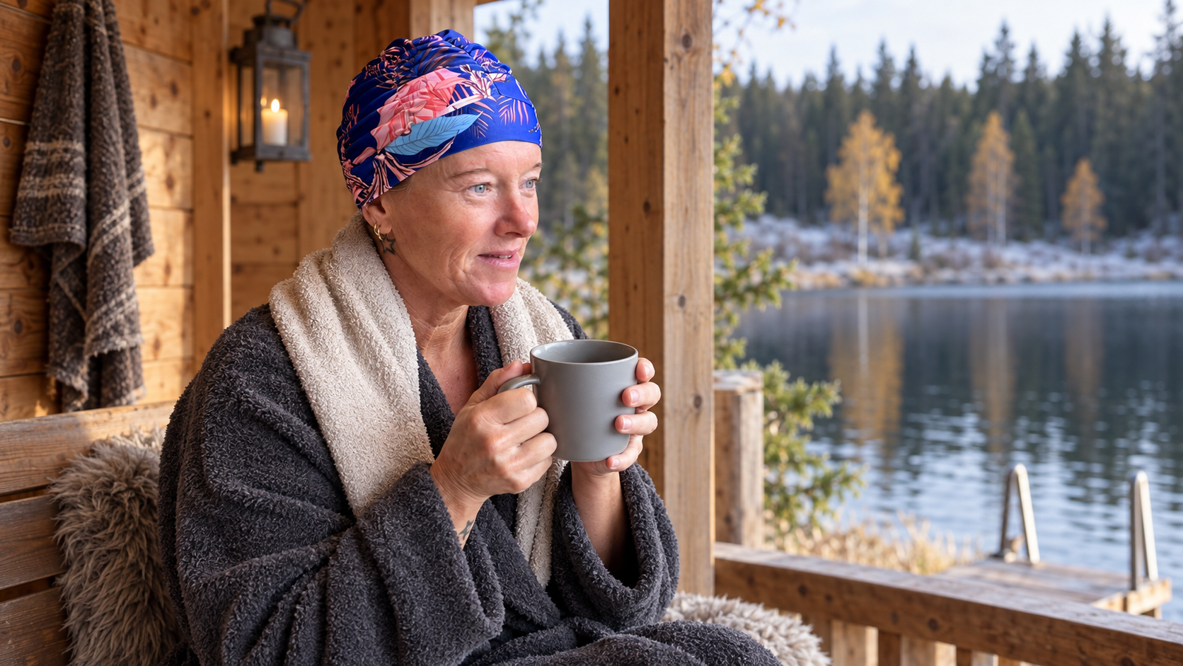 Silje med blå mønstret badehette, badekåpe og håndkle holder en kopp på en overbygd veranda ved et skogsvann.