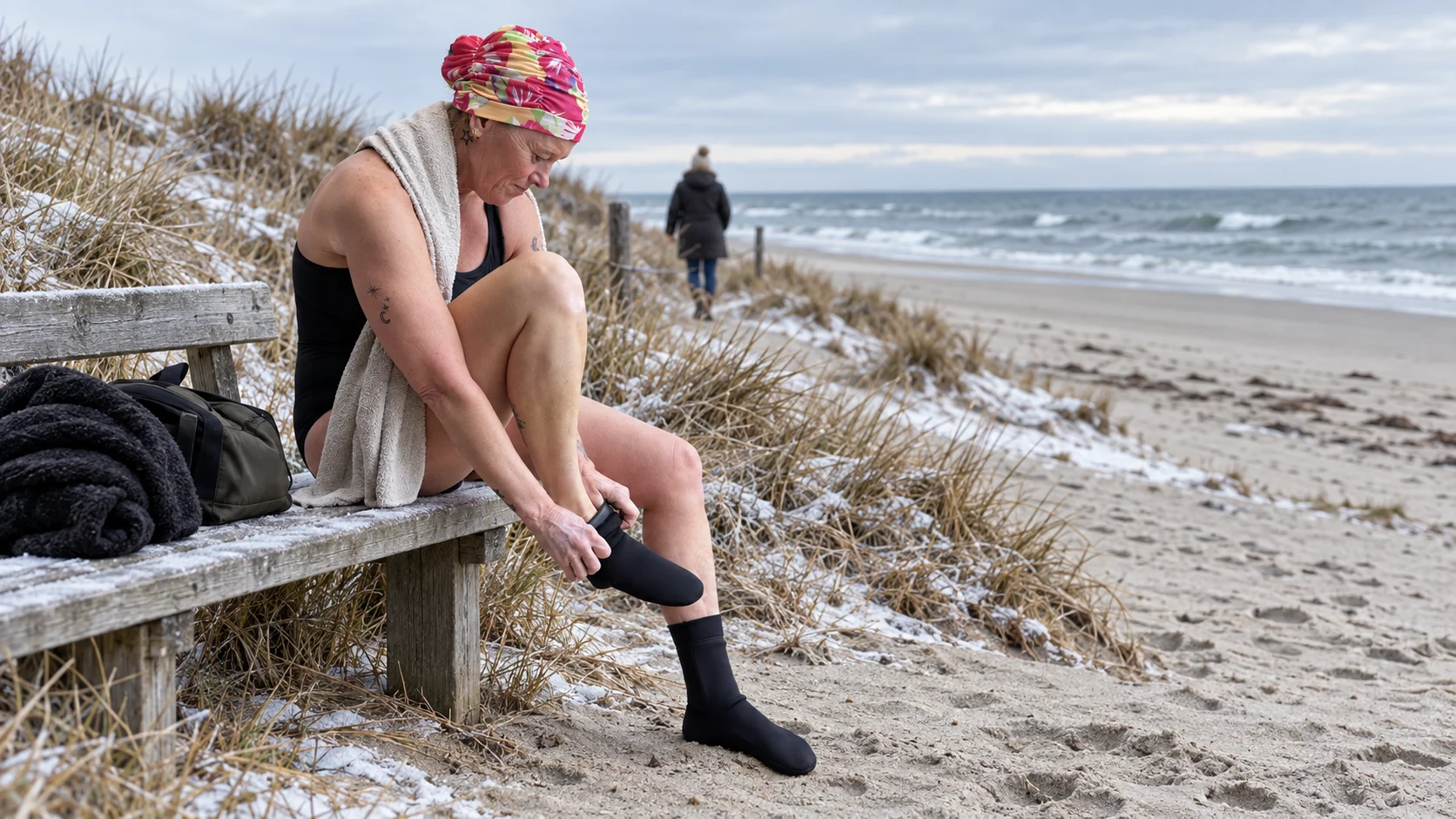 Silje sitter på en trebenk og tar på svarte badesokker ved en sandstrand med snø i sanddynene.
