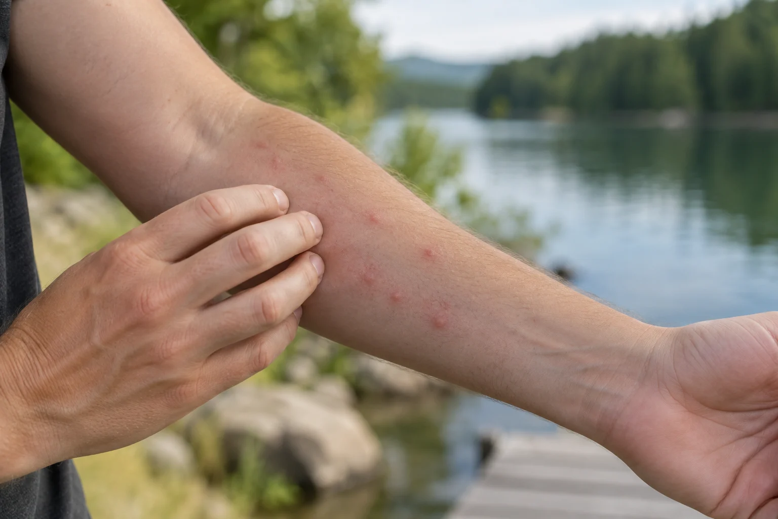 Illustrasjon av en underarm med rødlige nupper og en hånd som berører huden.
