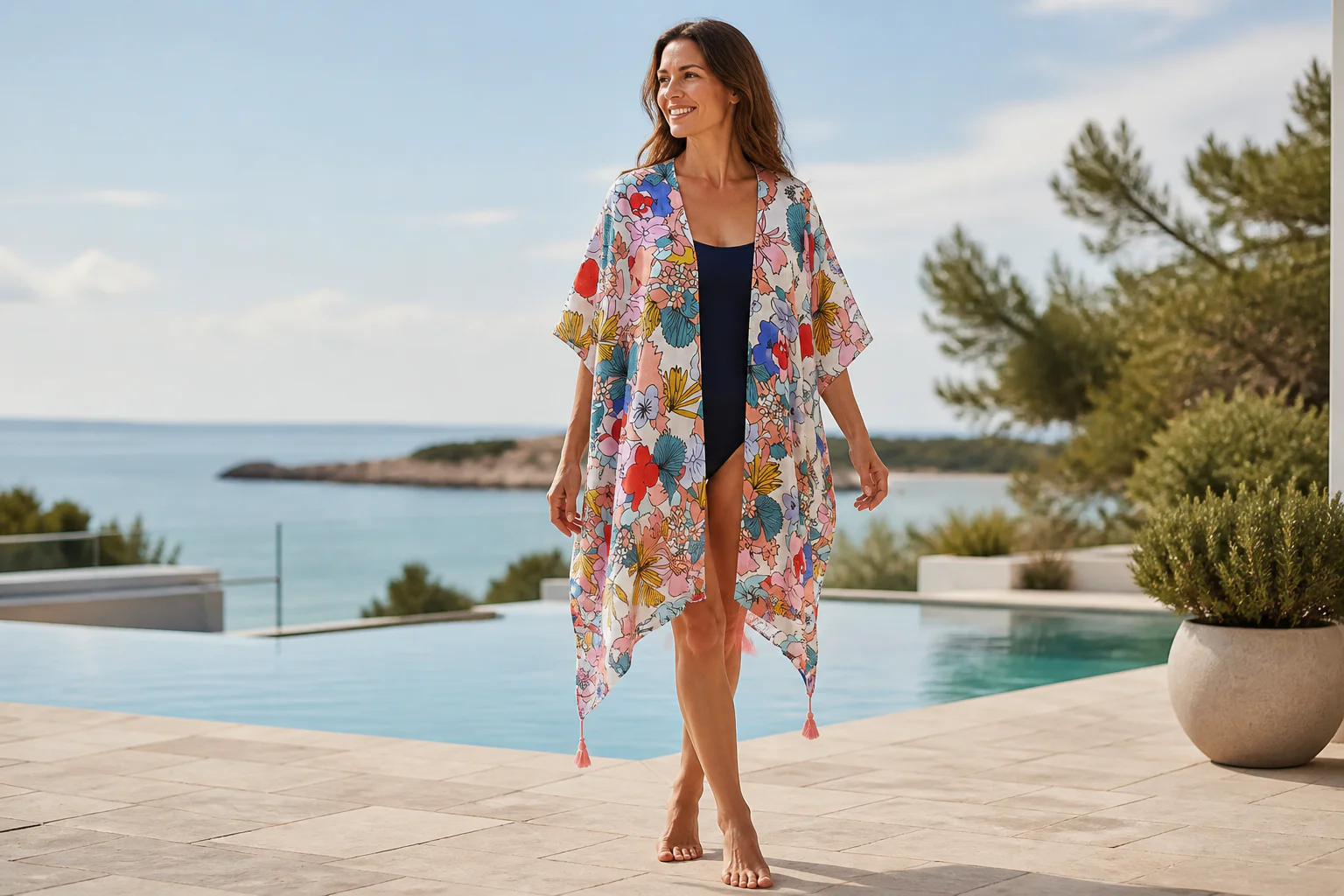 Kvinne med Blomst cover-up strandkjole