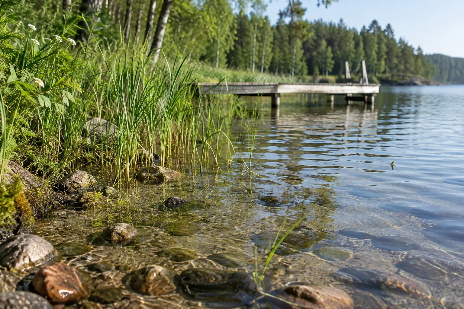 Grunt vann med steiner og siv ved strandkanten, med en badebrygge i bakgrunnen.
