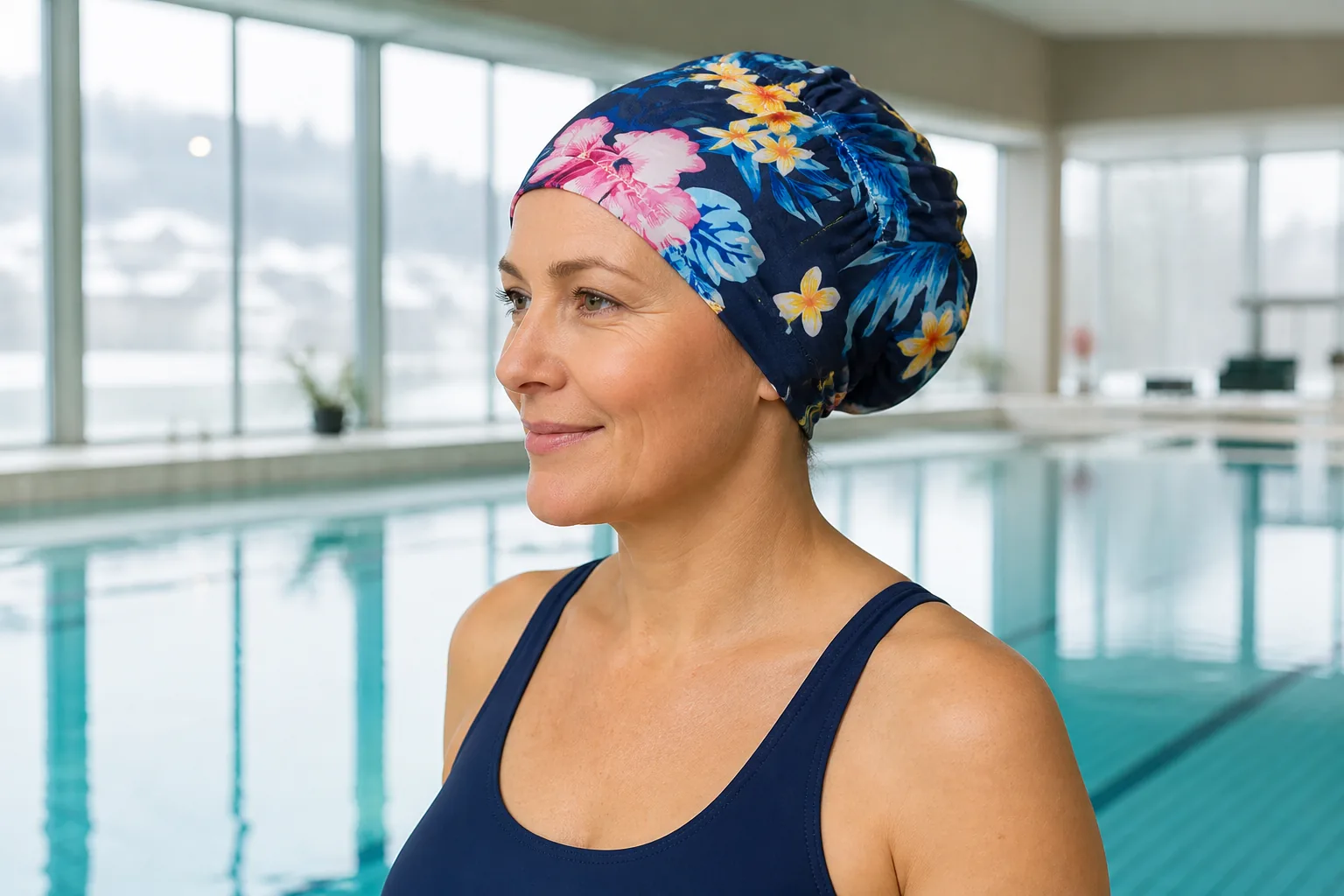 Voksen kvinne med langt hår samlet i marineblå turbanbadehette