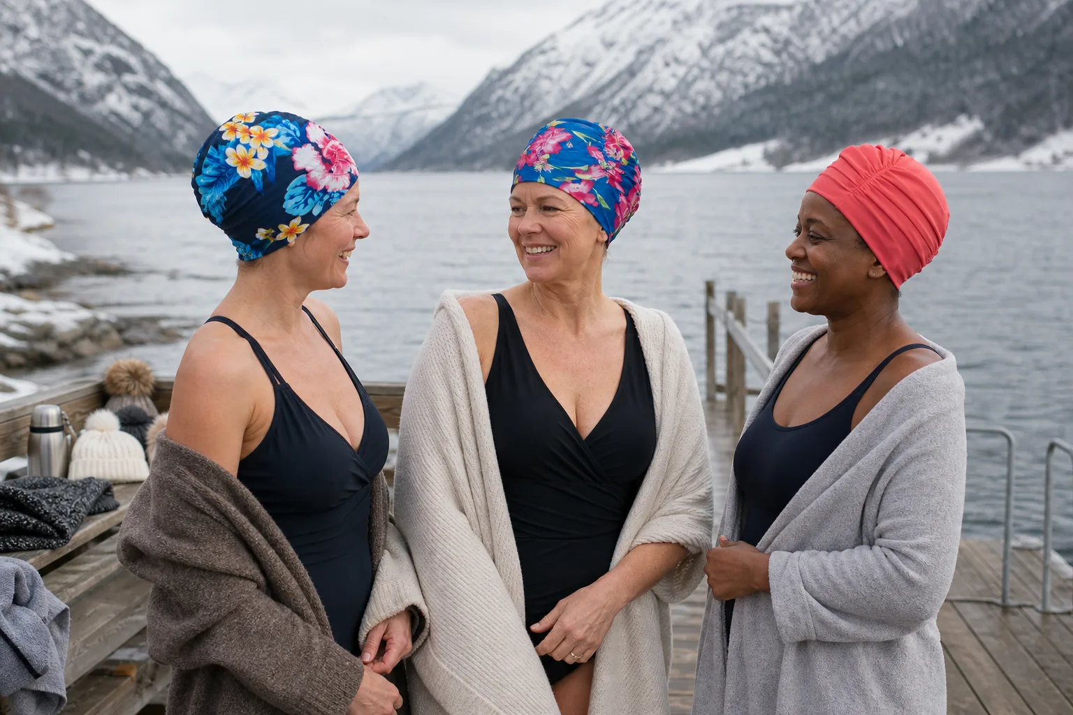 Tre voksne kvinner med turbanbadehetter ved vinterbading i en norsk fjord